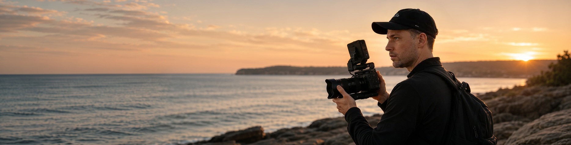 Titus filming on the coastline at sunset